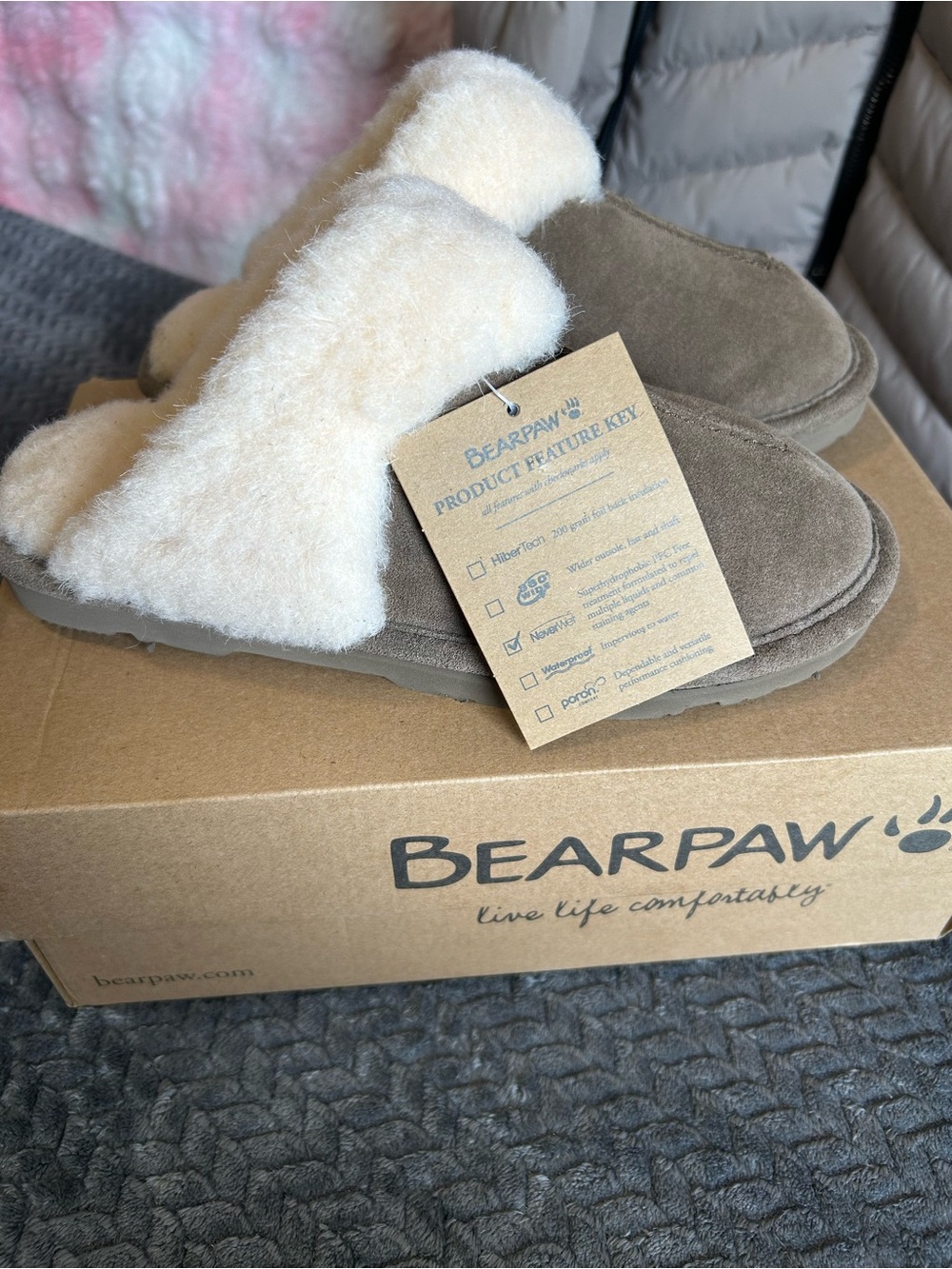 BearPaw Taupe Suede Shearling Slide Slippers with Cream Lining